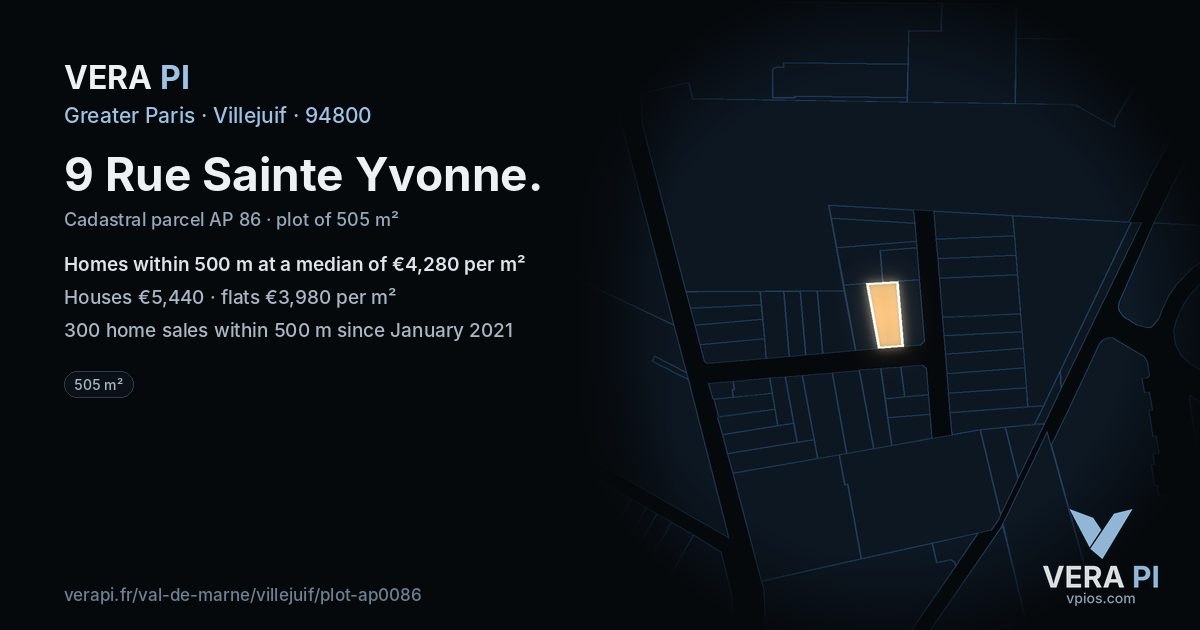 9 Rue Sainte Yvonne, Villejuif at night – the plot lit, the parcels around coloured by the prices near them