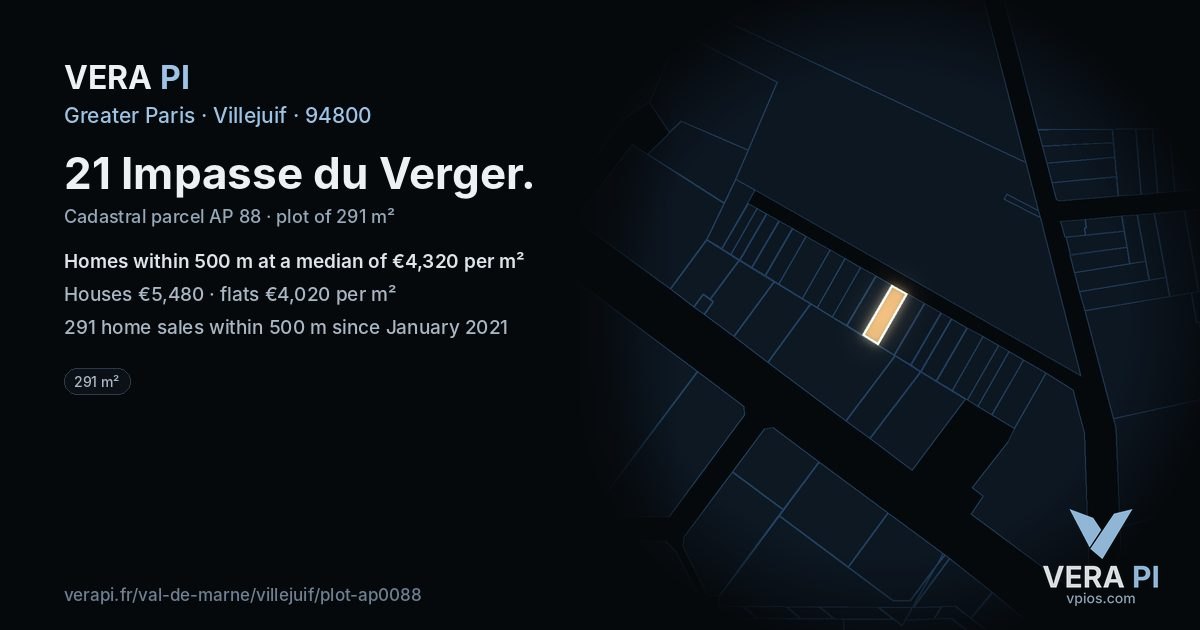 21 Impasse du Verger, Villejuif at night – the plot lit, the parcels around coloured by the prices near them