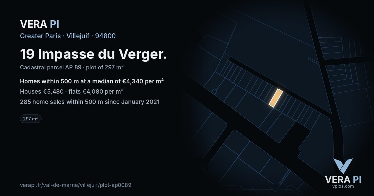 19 Impasse du Verger, Villejuif at night – the plot lit, the parcels around coloured by the prices near them