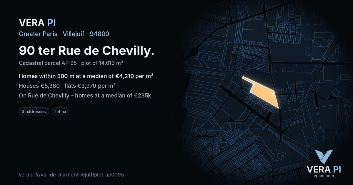90 ter Rue de Chevilly, Villejuif at night – the plot lit, the parcels around coloured by the prices near them
