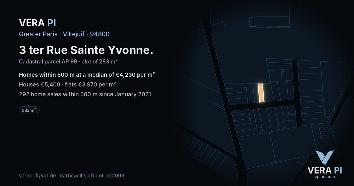 3 ter Rue Sainte Yvonne, Villejuif at night – the plot lit, the parcels around coloured by the prices near them
