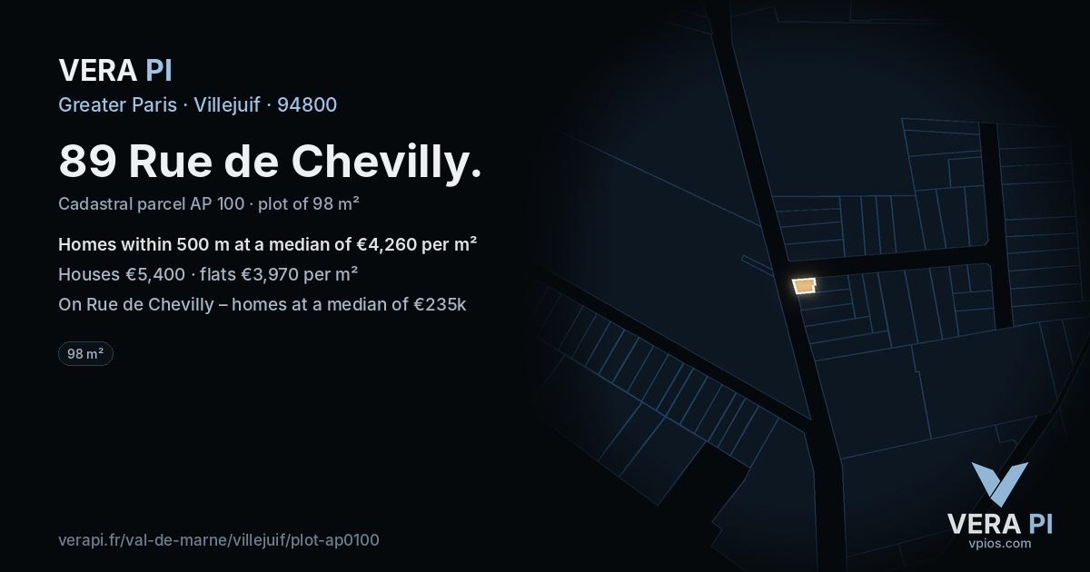 89 Rue de Chevilly, Villejuif at night – the plot lit, the parcels around coloured by the prices near them
