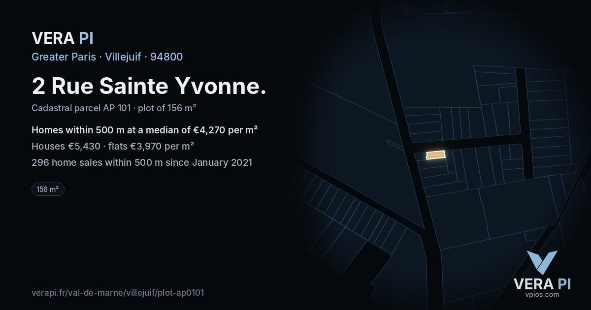 2 Rue Sainte Yvonne, Villejuif at night – the plot lit, the parcels around coloured by the prices near them