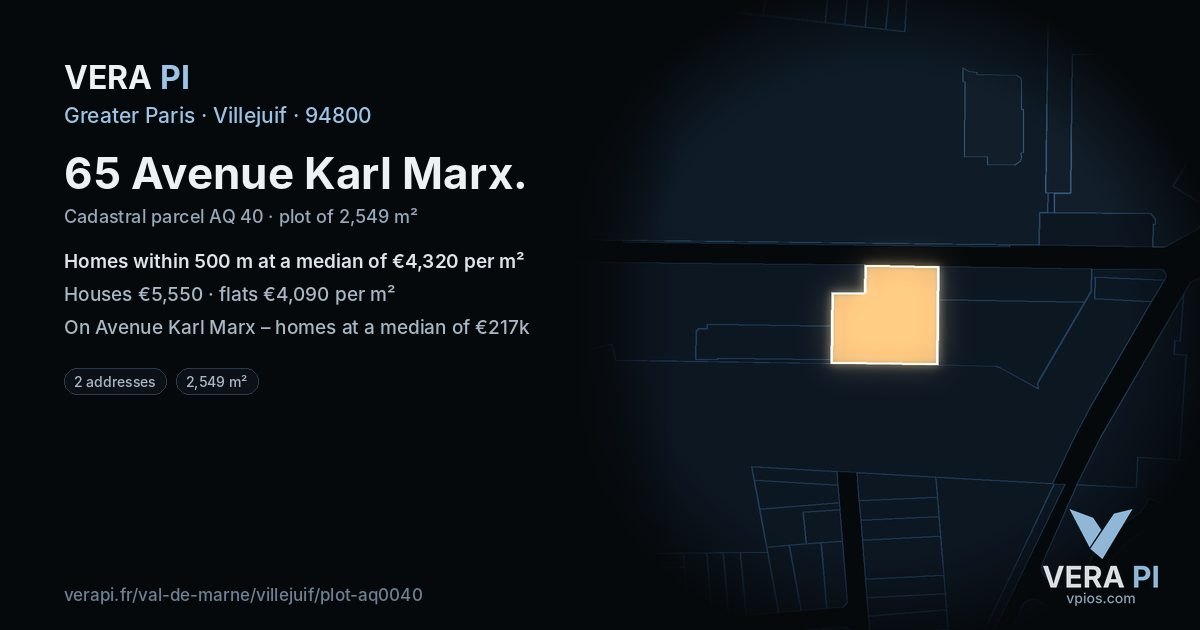65 Avenue Karl Marx, Villejuif at night – the plot lit, the parcels around coloured by the prices near them
