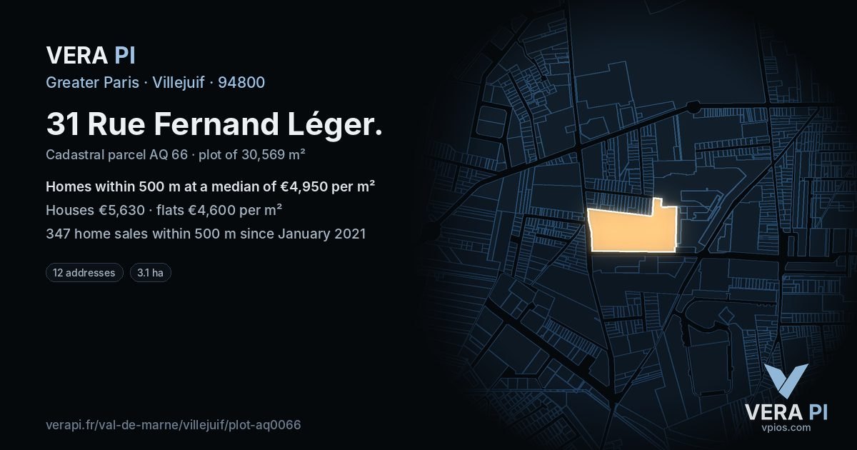 31 Rue Fernand Léger, Villejuif at night – the plot lit, the parcels around coloured by the prices near them