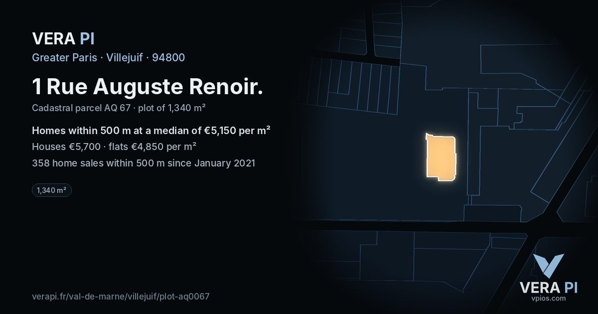 1 Rue Auguste Renoir, Villejuif at night – the plot lit, the parcels around coloured by the prices near them