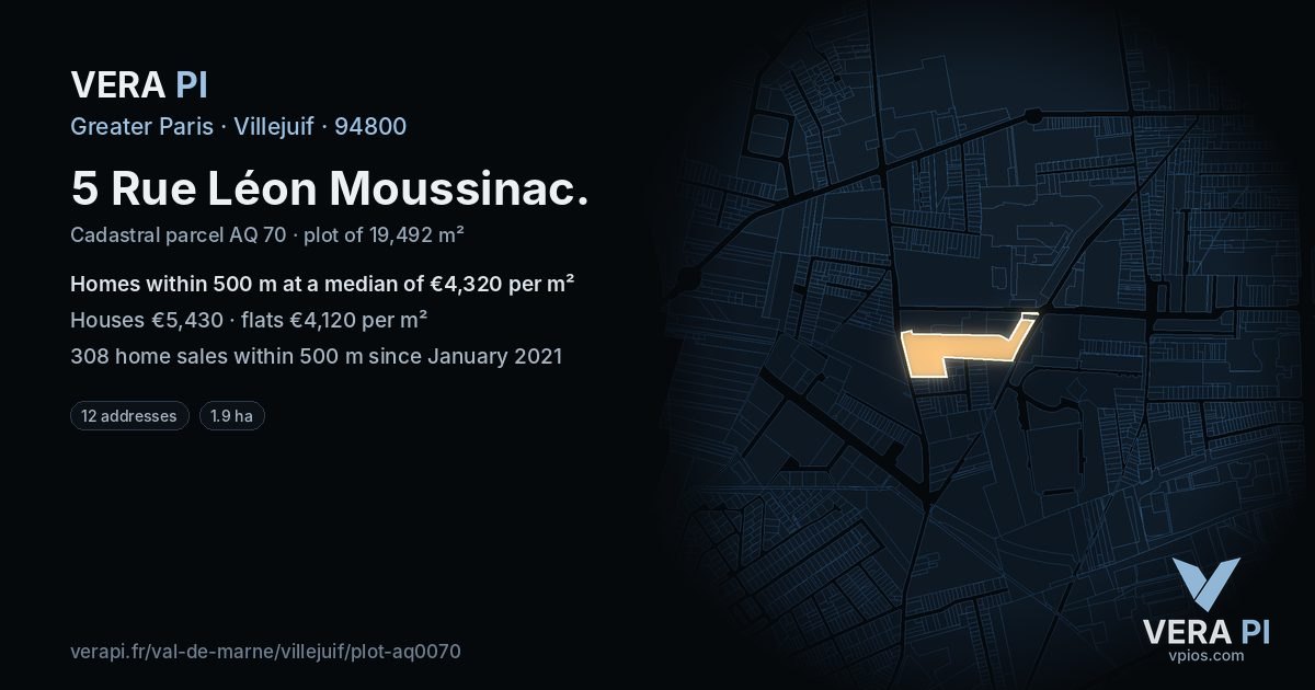 5 Rue Léon Moussinac, Villejuif at night – the plot lit, the parcels around coloured by the prices near them