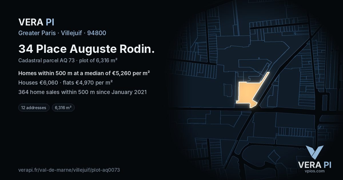 34 Place Auguste Rodin, Villejuif at night – the plot lit, the parcels around coloured by the prices near them