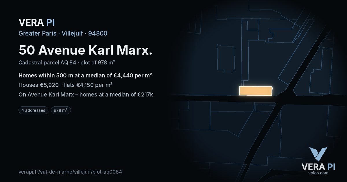 50 Avenue Karl Marx, Villejuif at night – the plot lit, the parcels around coloured by the prices near them