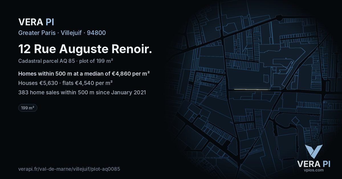 12 Rue Auguste Renoir, Villejuif at night – the plot lit, the parcels around coloured by the prices near them