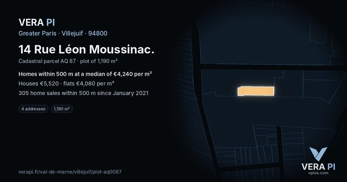 14 Rue Léon Moussinac, Villejuif at night – the plot lit, the parcels around coloured by the prices near them