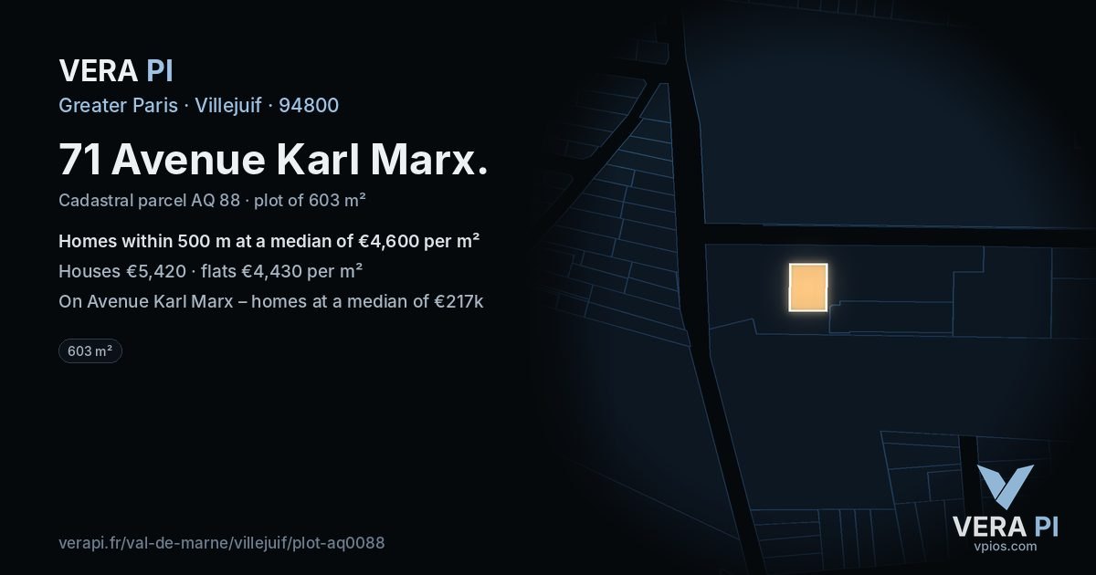 71 Avenue Karl Marx, Villejuif at night – the plot lit, the parcels around coloured by the prices near them