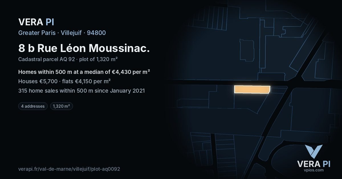 8 b Rue Léon Moussinac, Villejuif at night – the plot lit, the parcels around coloured by the prices near them