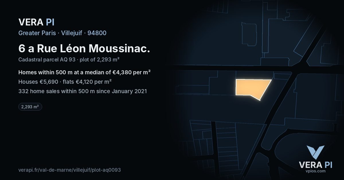 6 a Rue Léon Moussinac, Villejuif at night – the plot lit, the parcels around coloured by the prices near them