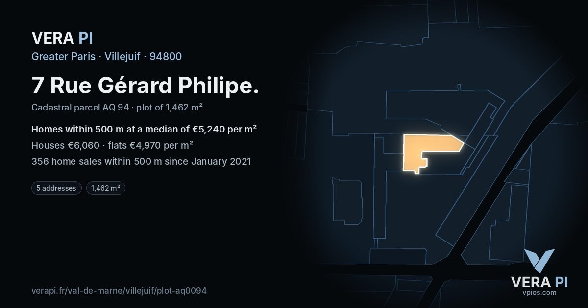 7 Rue Gérard Philipe, Villejuif at night – the plot lit, the parcels around coloured by the prices near them