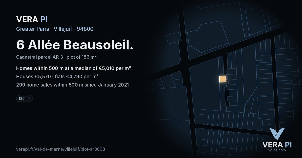 6 Allée Beausoleil, Villejuif at night – the plot lit, the parcels around coloured by the prices near them