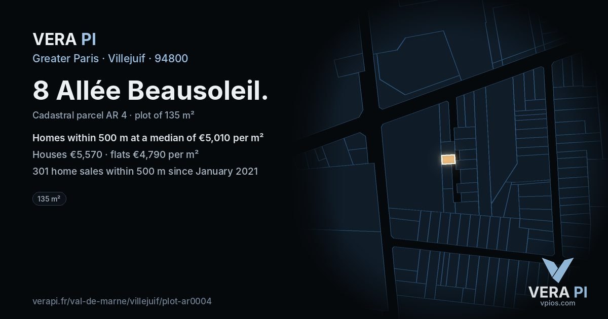 8 Allée Beausoleil, Villejuif at night – the plot lit, the parcels around coloured by the prices near them