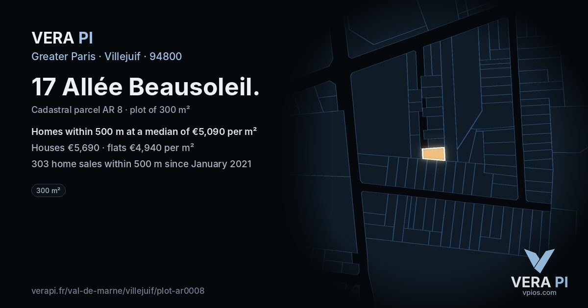 17 Allée Beausoleil, Villejuif at night – the plot lit, the parcels around coloured by the prices near them