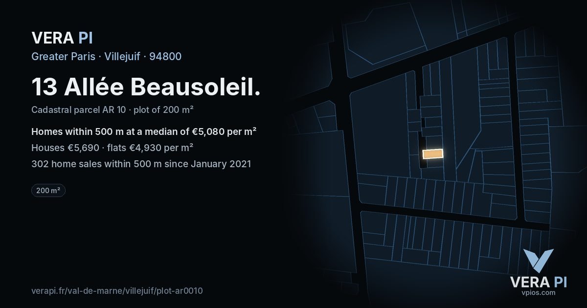 13 Allée Beausoleil, Villejuif at night – the plot lit, the parcels around coloured by the prices near them