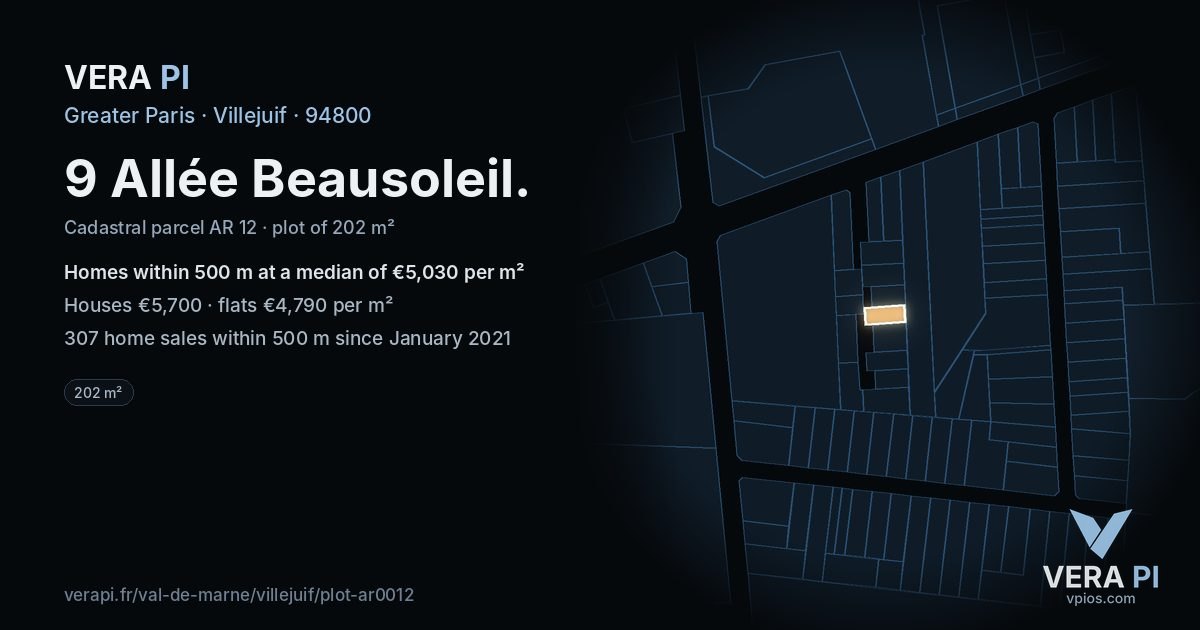 9 Allée Beausoleil, Villejuif at night – the plot lit, the parcels around coloured by the prices near them
