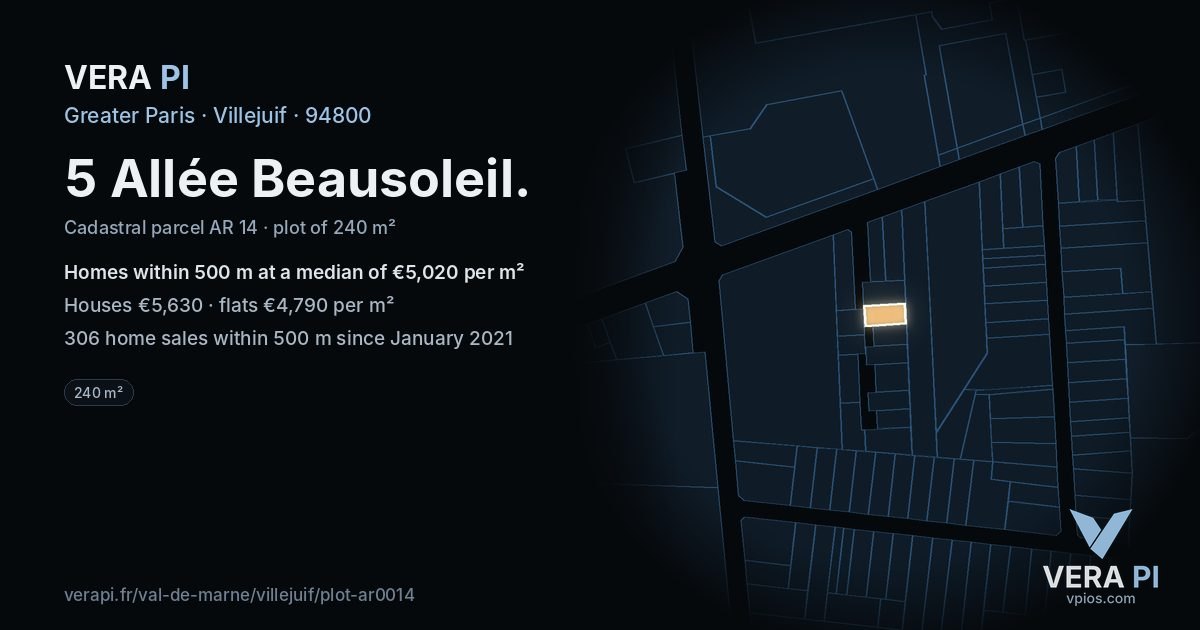 5 Allée Beausoleil, Villejuif at night – the plot lit, the parcels around coloured by the prices near them