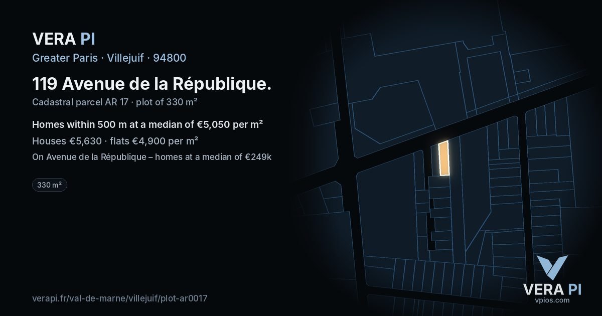 119 Avenue de la République, Villejuif at night – the plot lit, the parcels around coloured by the prices near them