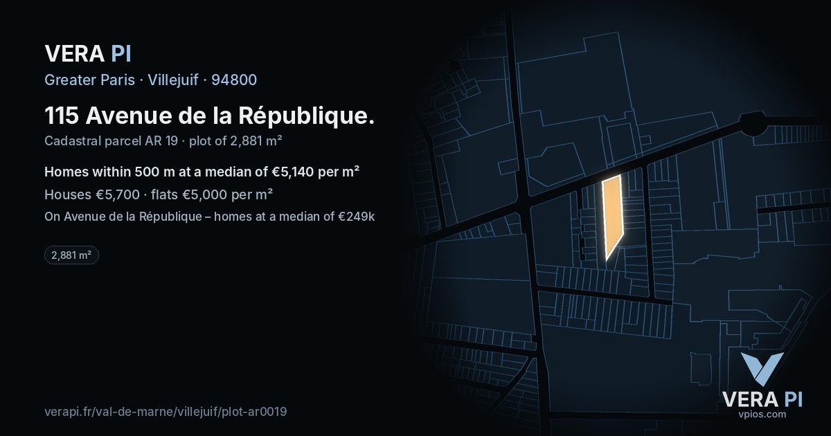 115 Avenue de la République, Villejuif at night – the plot lit, the parcels around coloured by the prices near them
