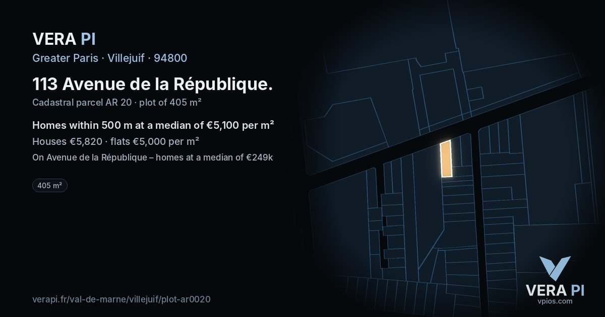 113 Avenue de la République, Villejuif at night – the plot lit, the parcels around coloured by the prices near them