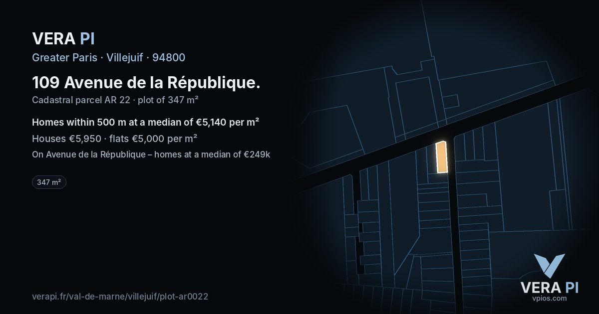 109 Avenue de la République, Villejuif at night – the plot lit, the parcels around coloured by the prices near them