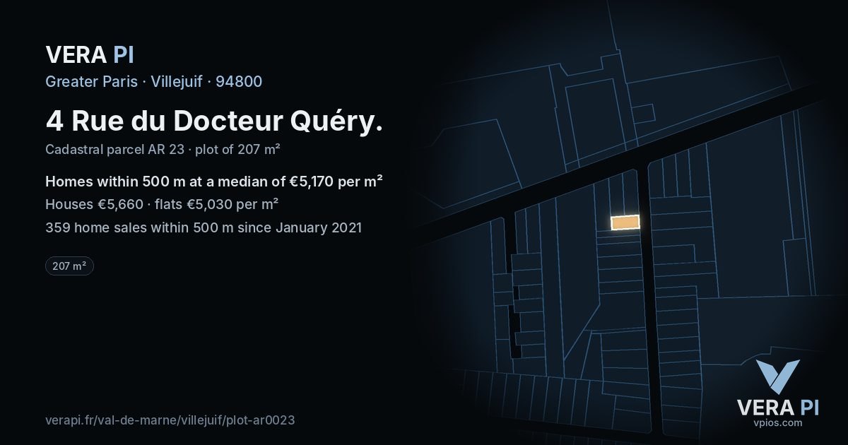 4 Rue du Docteur Quéry, Villejuif at night – the plot lit, the parcels around coloured by the prices near them