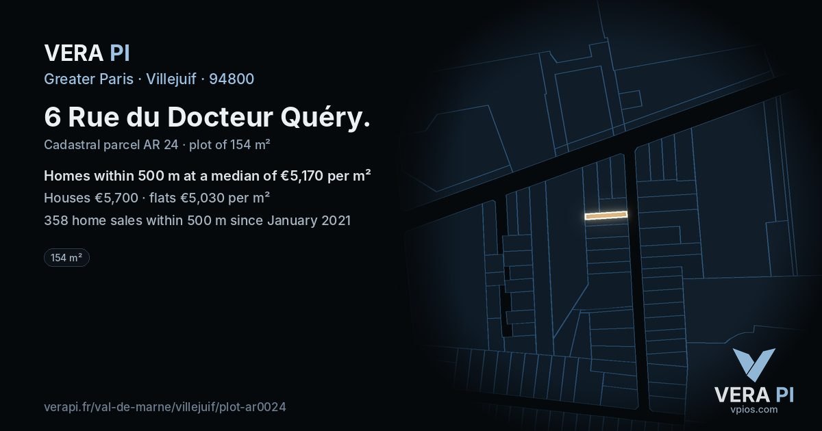 6 Rue du Docteur Quéry, Villejuif at night – the plot lit, the parcels around coloured by the prices near them