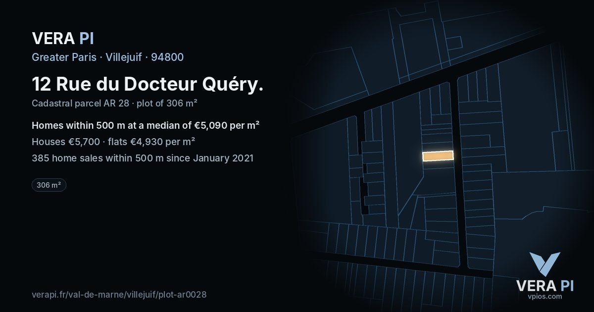 12 Rue du Docteur Quéry, Villejuif at night – the plot lit, the parcels around coloured by the prices near them