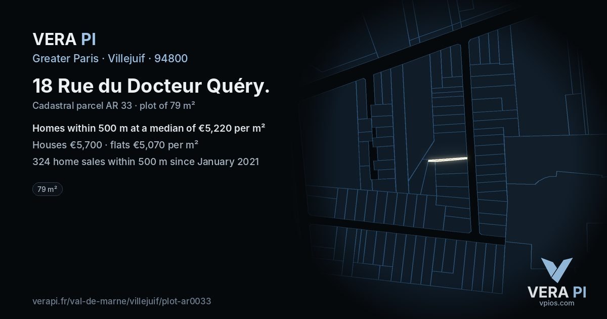 18 Rue du Docteur Quéry, Villejuif at night – the plot lit, the parcels around coloured by the prices near them