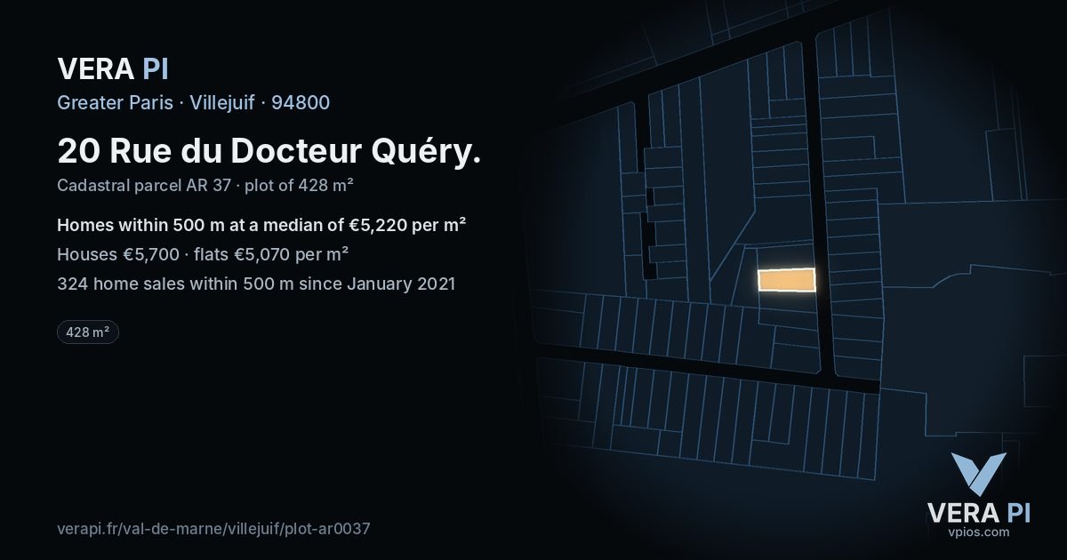 20 Rue du Docteur Quéry, Villejuif at night – the plot lit, the parcels around coloured by the prices near them