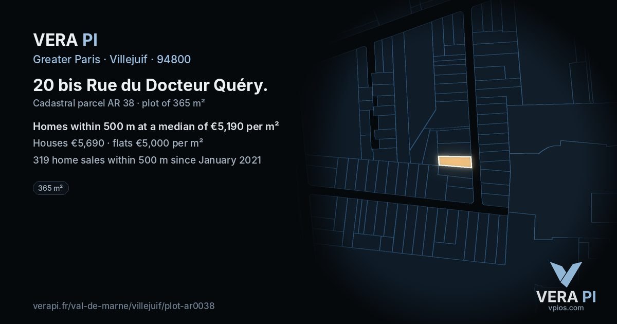 20 bis Rue du Docteur Quéry, Villejuif at night – the plot lit, the parcels around coloured by the prices near them