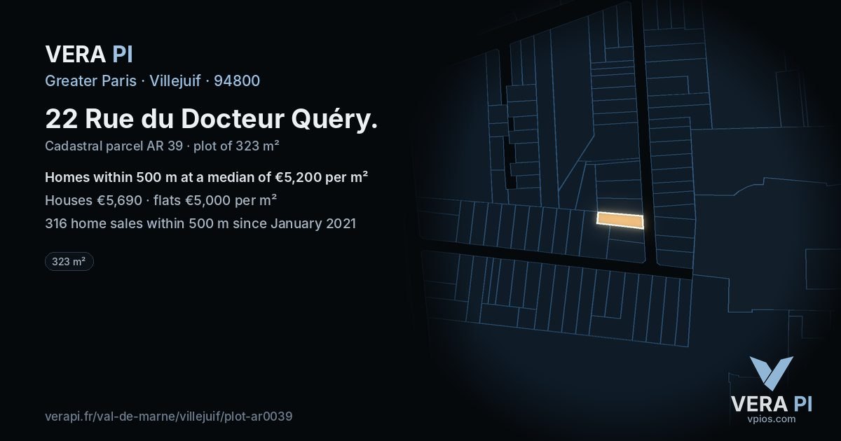 22 Rue du Docteur Quéry, Villejuif at night – the plot lit, the parcels around coloured by the prices near them