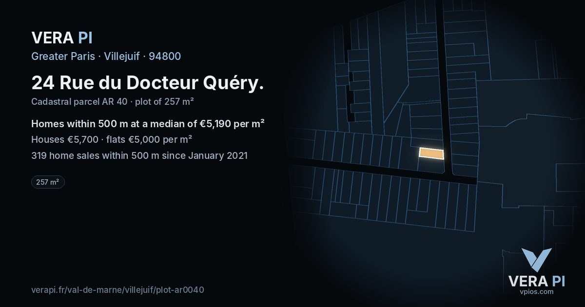 24 Rue du Docteur Quéry, Villejuif at night – the plot lit, the parcels around coloured by the prices near them