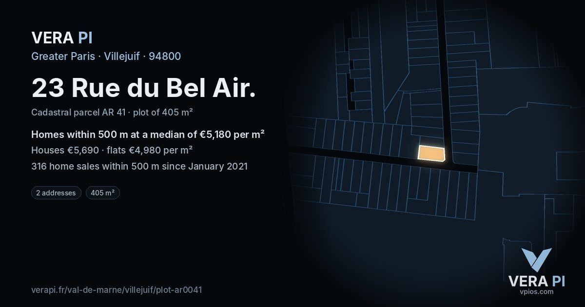 23 Rue du Bel Air, Villejuif at night – the plot lit, the parcels around coloured by the prices near them
