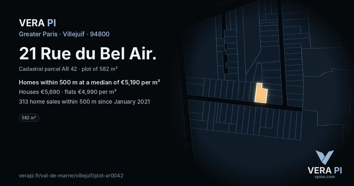 21 Rue du Bel Air, Villejuif at night – the plot lit, the parcels around coloured by the prices near them