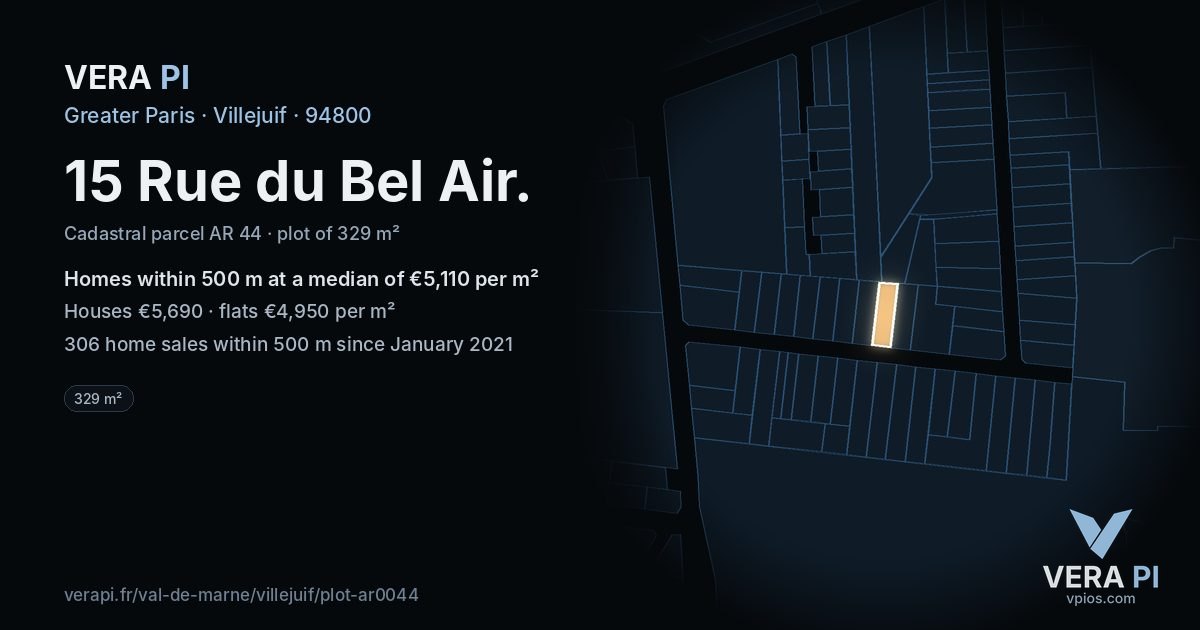 15 Rue du Bel Air, Villejuif at night – the plot lit, the parcels around coloured by the prices near them