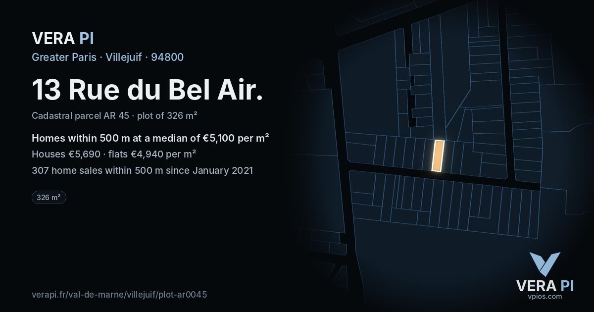 13 Rue du Bel Air, Villejuif at night – the plot lit, the parcels around coloured by the prices near them