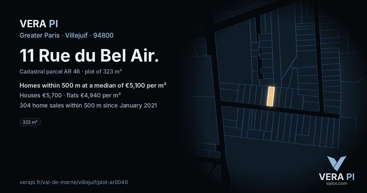 11 Rue du Bel Air, Villejuif at night – the plot lit, the parcels around coloured by the prices near them