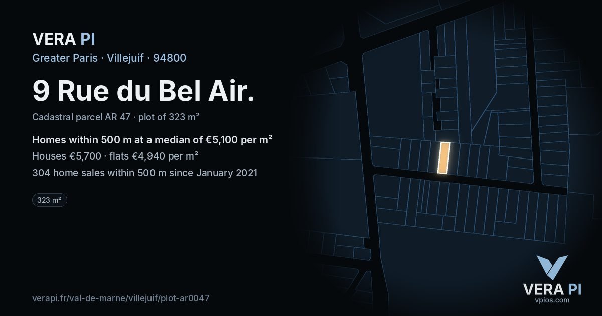 9 Rue du Bel Air, Villejuif at night – the plot lit, the parcels around coloured by the prices near them