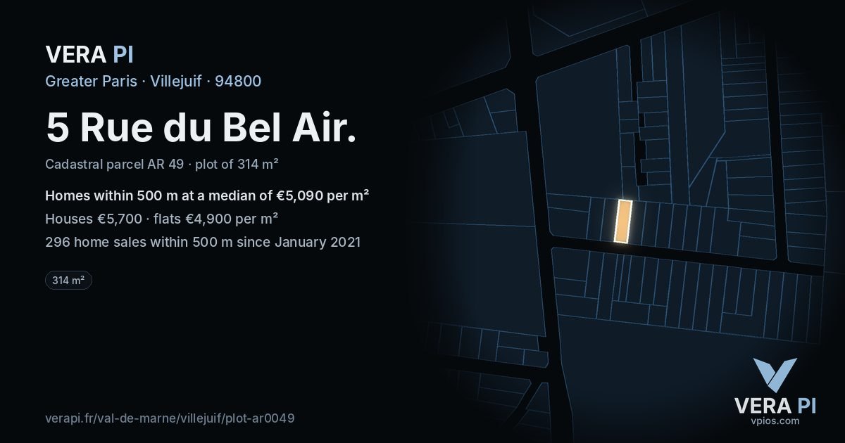 5 Rue du Bel Air, Villejuif at night – the plot lit, the parcels around coloured by the prices near them