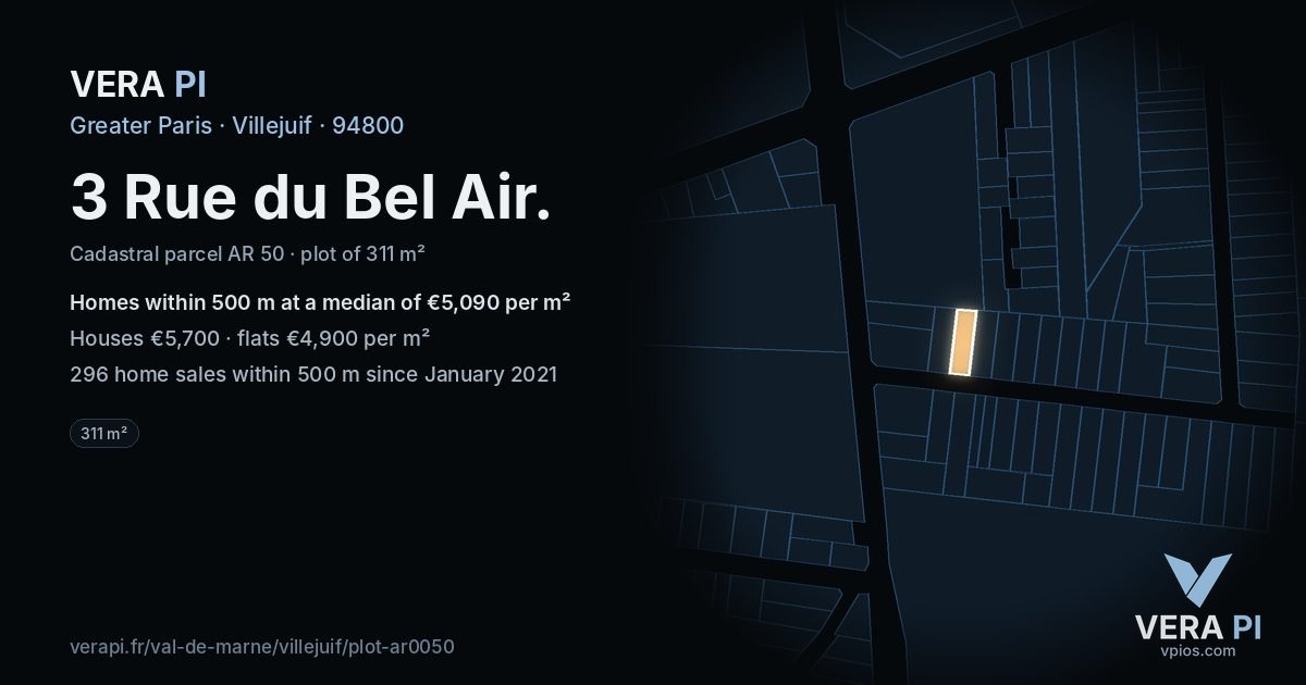 3 Rue du Bel Air, Villejuif at night – the plot lit, the parcels around coloured by the prices near them