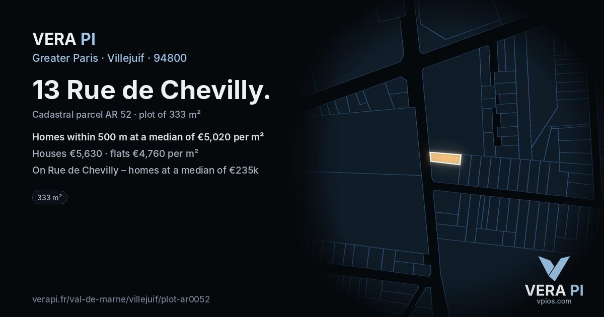 13 Rue de Chevilly, Villejuif at night – the plot lit, the parcels around coloured by the prices near them