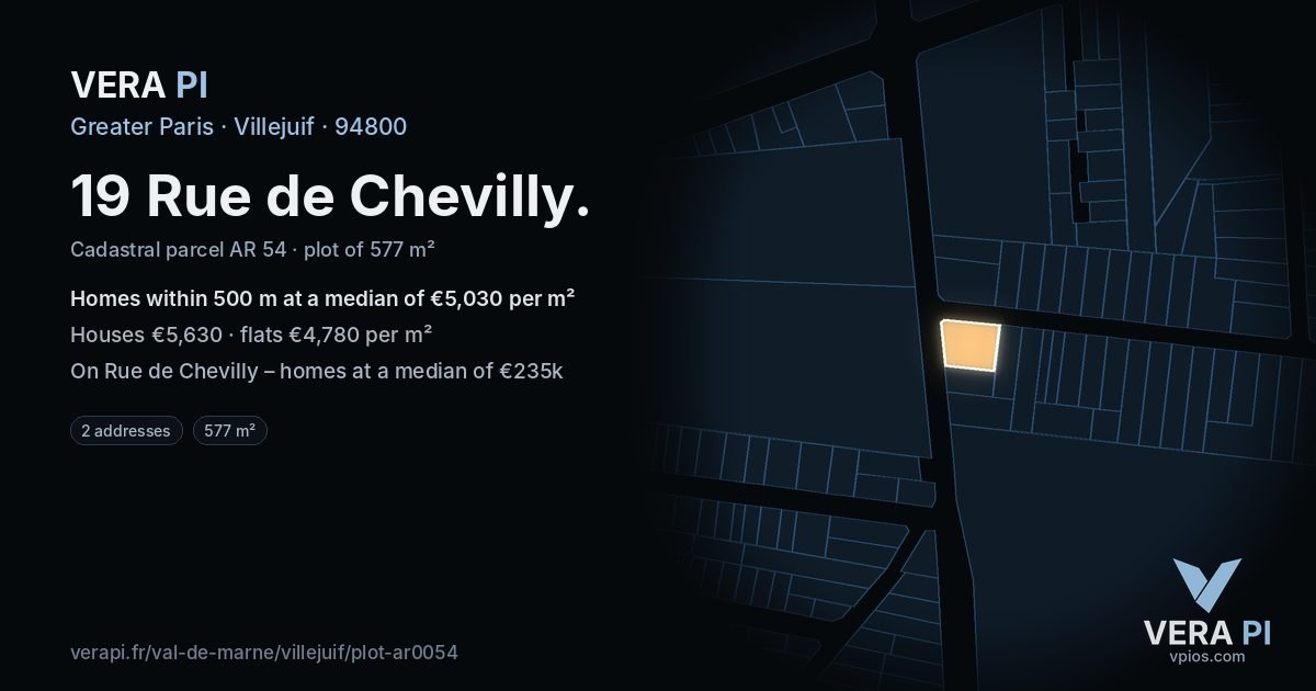 19 Rue de Chevilly, Villejuif at night – the plot lit, the parcels around coloured by the prices near them