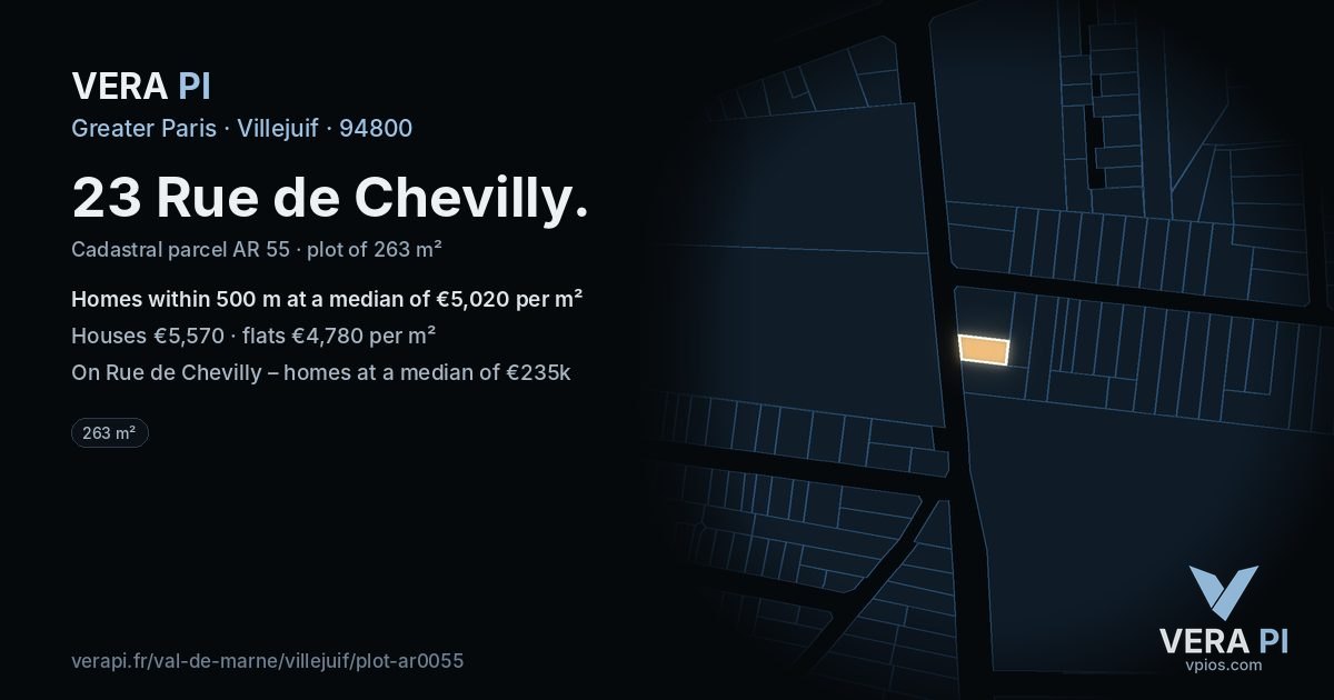 23 Rue de Chevilly, Villejuif at night – the plot lit, the parcels around coloured by the prices near them