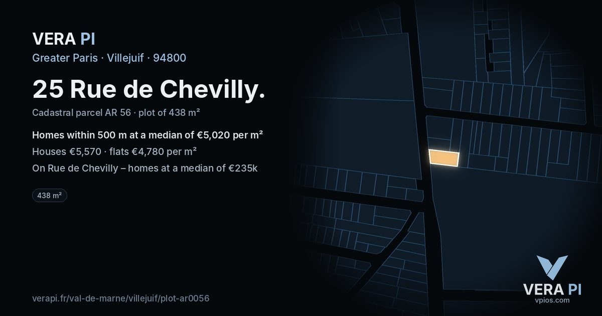 25 Rue de Chevilly, Villejuif at night – the plot lit, the parcels around coloured by the prices near them