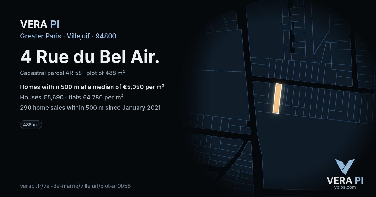 4 Rue du Bel Air, Villejuif at night – the plot lit, the parcels around coloured by the prices near them